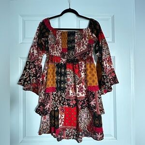 PINK LILY NWT Layered Smocked Paisley Dress with Trumpet Sleeves